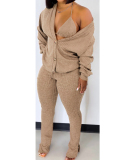 Women Solid Color Sexy Long Sleeve Split Three Piece Set Pink Yellow Orange Red Black S-XL