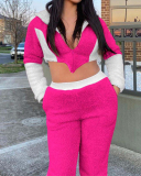 Women Long Sleeve Colorblock Hoodies Crop Tops Teddy Cashmere Two Pieces Outfit Black Rosy Khaki S-XL