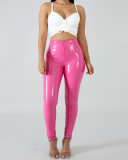 Women Solid Color Slim High Elasticity Plus Velvet Thickening PU Pants S-3XL
