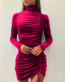 Women Solid Color Pleated Long Sleeve High Neck One Piece Dress Pink Wine Red Purple Brown Black Gray S-3XL