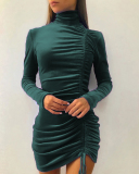 Women Solid Color Pleated Long Sleeve High Neck One Piece Dress Pink Wine Red Purple Brown Black Gray S-3XL