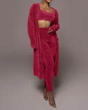 Women Causal Wool Solid Color Long Sleeve Three Piece Set Red Brown S-XL 