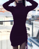 Women Solid Color Pleated Long Sleeve High Neck One Piece Dress Pink Wine Red Purple Brown Black Gray S-3XL
