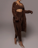Women Causal Wool Solid Color Long Sleeve Three Piece Set Red Brown S-XL 