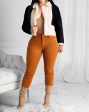 Women Colorblock Long Sleeve Fur Lapel Tops Coats Red Black Blue Yellow S-2XL 