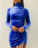 Women Solid Color Pleated Long Sleeve High Neck One Piece Dress Pink Wine Red Purple Brown Black Gray S-3XL