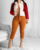 Women Colorblock Long Sleeve Fur Lapel Tops Coats Red Black Blue Yellow S-2XL 