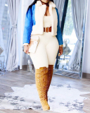 Women Colorblock Long Sleeve Fur Lapel Tops Coats Red Black Blue Yellow S-2XL 