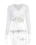 Solid Color Long Sleeve Basic Irregular Drawstring Crop Tops White XS-L