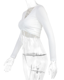 Solid Color Long Sleeve Basic Irregular Drawstring Crop Tops White XS-L