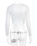 Solid Color Long Sleeve Basic Irregular Drawstring Crop Tops White XS-L