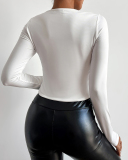 Solid Color Long Sleeve Basic Irregular Drawstring Crop Tops White XS-L