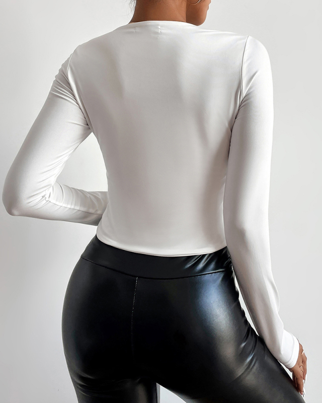 Solid Color Long Sleeve Basic Irregular Drawstring Crop Tops White XS-L