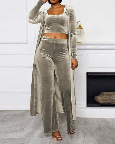 Women Long Sleeve Velvet Solid Color Slim Vest Trousers Cloak Three Pieces Outfit Gray Black Brown S-2XL