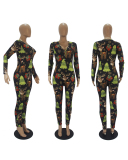 Christmas Printed Multi-color Optional Long Sleeve Pajamas Jumpsuits S-2XL