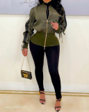 Ladies Fashion Contrasting Color Drawstring Zipper Tunic Jacket S-XXL