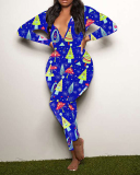 Christmas Printed Multi-color Optional Long Sleeve Pajamas Jumpsuits S-2XL
