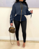 Ladies Fashion Contrasting Color Drawstring Zipper Tunic Jacket S-XXL