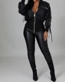 Ladies Fashion Contrasting Color Drawstring Zipper Tunic Jacket S-XXL