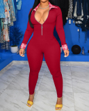 Ladies Fashion New Stitching Zipper V-neck Multicolor Long Sleeve Jumpsuit S-XXL