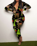 Christmas Printed Multi-color Optional Long Sleeve Pajamas Jumpsuits S-2XL