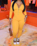 Ladies Fashion New Stitching Zipper V-neck Multicolor Long Sleeve Jumpsuit S-XXL
