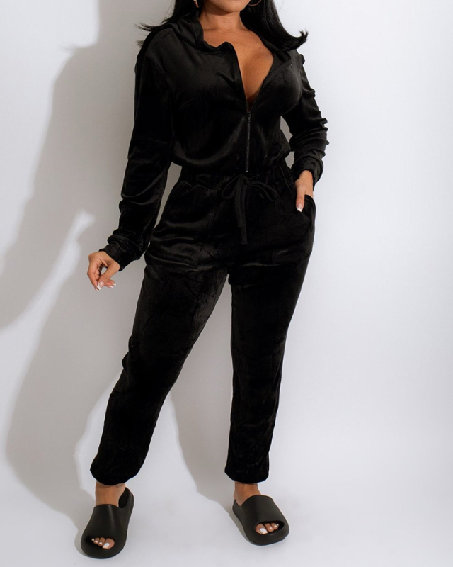 Women Long Sleeve Solid Color Plus Velvet Two Pieces Outfit Black White Wine Red Khaki S-2XL
