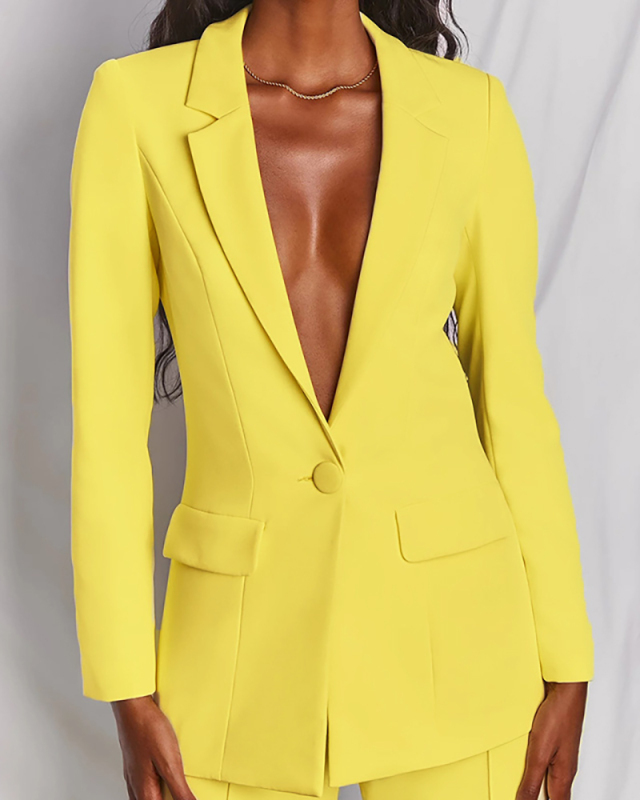 Lady Sexy V-Neck Solid Color Professional Two Piece Set Pink Yellow Rose Red S-XL