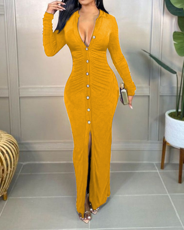 Elegant Women Fashion Turndown Collar Solid Color Long Sleeve Button Evening Dress Black Red Blue Yellow S-2XL