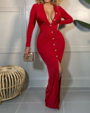 Elegant Women Fashion Turndown Collar Solid Color Long Sleeve Button Evening Dress Black Red Blue Yellow S-2XL