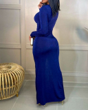 Elegant Women Fashion Turndown Collar Solid Color Long Sleeve Button Evening Dress Black Red Blue Yellow S-2XL