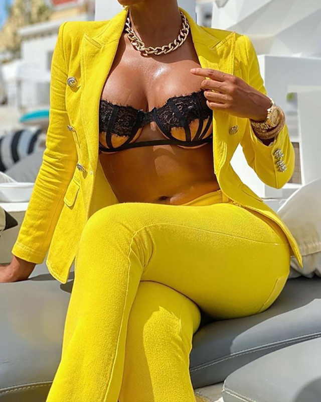 Office Lady Solid Color Fashion Suits Two Piece Pink Yellow S-XL