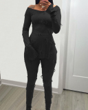 Women Solid Color Knitted Jacquard U Neck Long Sleeve Slit Tops Slim Pants Sets Two Pieces Outfit Pink White Black S-XL