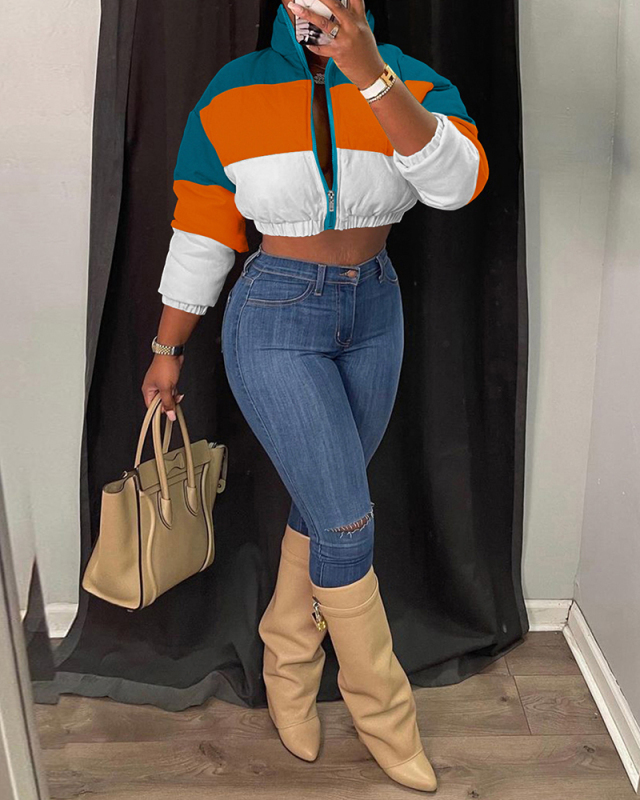 Winter Newest Colorblock Short Women Stylish Jackets Coat Yellow Blue Orange XS-3XL