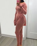 Women Solid Color Knitted Jacquard U Neck Long Sleeve Slit Tops Slim Pants Sets Two Pieces Outfit Pink White Black S-XL