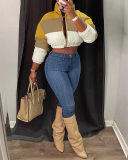 Winter Newest Colorblock Short Women Stylish Jackets Coat Yellow Blue Orange XS-3XL