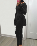Women Solid Color Knitted Jacquard U Neck Long Sleeve Slit Tops Slim Pants Sets Two Pieces Outfit Pink White Black S-XL
