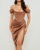 Women Strapless High Slit Solid Color Mini Bodycon Dresses XS-XL