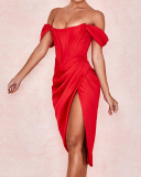 Women Strapless High Slit Solid Color Mini Bodycon Dresses XS-XL