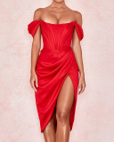Women Strapless High Slit Solid Color Mini Bodycon Dresses XS-XL