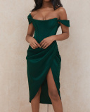 Women Strapless High Slit Solid Color Mini Bodycon Dresses XS-XL