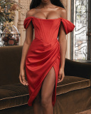 Women Strapless High Slit Solid Color Mini Bodycon Dresses XS-XL