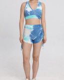 Ladies New Bubble Vest Yoga Sports Multicolor Tie Dye Shorts Bra Set S-L