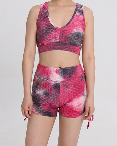 Ladies New Bubble Vest Yoga Sports Multicolor Tie Dye Shorts Bra Set S-L