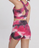Ladies New Bubble Vest Yoga Sports Multicolor Tie Dye Shorts Bra Set S-L
