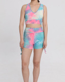 Ladies New Bubble Vest Yoga Sports Multicolor Tie Dye Shorts Bra Set S-L