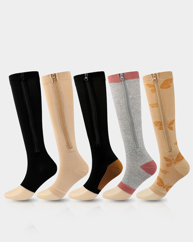 Lady Zipper Elastic Sporty Socking Black Gray Brown S-2XL 