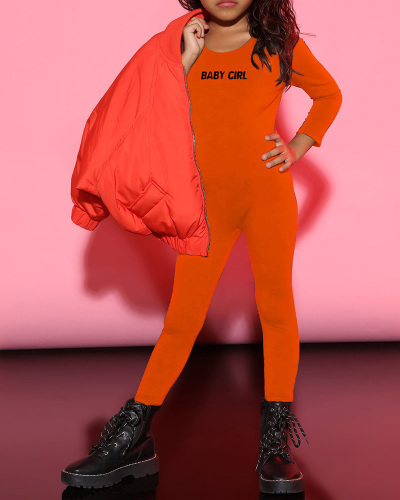 Children Letter Printing Long Sleeve Jumpsuit Black Green Orange 90-130