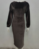 Women Solid Color One-shoulder Long Puff Sleeve Suede Casual Dresses Club Party Dress Wine Red Purple Blue Green Coffee S-3XL