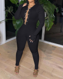 Women Solid Color Cross Strappy Slim Jumpsuit Black Coffee S-2XL 
